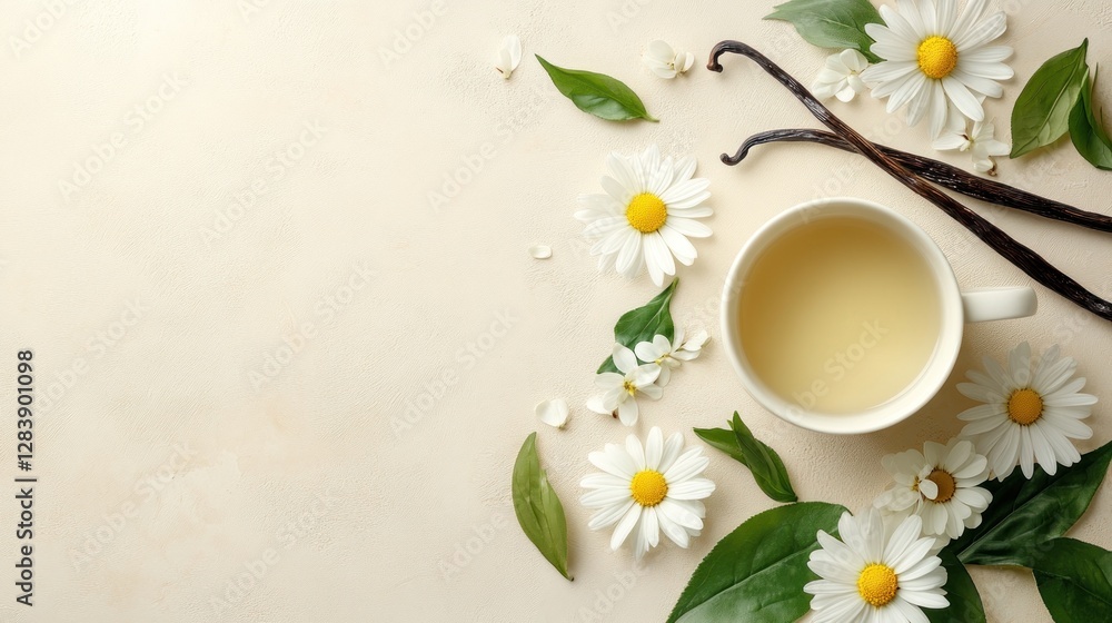 Flatlay of chamomile tea, vanilla beans, and flowers on beige background. Flatlay of chamomile tea, vanilla beans, and flowers on beige background.