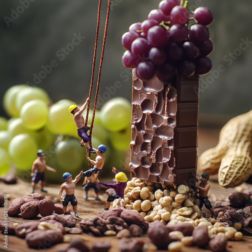 A bodybuilder lifting a giant grape as a dumbbell, a rock climber scaling a vertical chocolate bar, or tiny construction workers drilling into a massive peanut photo