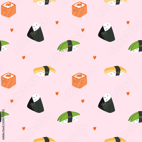 Kawaii japanese food seamless pattern. Rolls and sushi characters, emoji asian, rice and salmon, mascot emotions. Textile, wrapping, wallpaper. Print for fabric cartoon flat isolated vector background