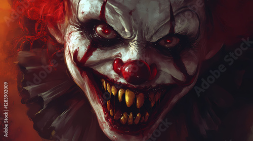 Creepy clown smile: a disturbing digital portrait. Demonic Smiling Portraits. Illustration