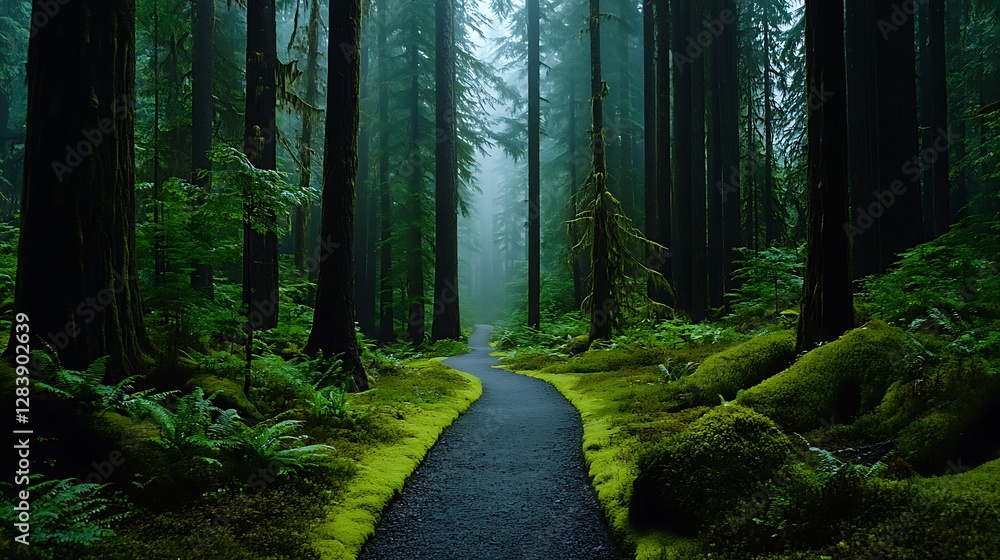 Obraz premium Misty Forest Path: A Serene Nature Photograph AI Generated