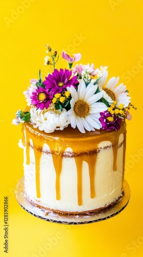 A Stunning Floral Cake Design with Drizzled Caramel Sauce