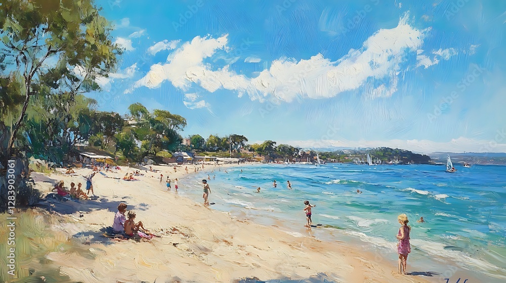 Lively beach scene with children playing in the sand and families enjoying the sunny summer day near the water. Lively beach scene with children playing in the sand and families enjoying the sunny summer day near the water.