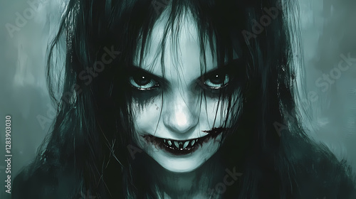 Horror portrait of a demonic young girl with haunting eyes and sinister smile, capturing eerie mood in gothic art style. Demonic Smiling Portraits. Illustration photo