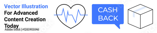 Heart with heartbeat line for health monitoring, speech bubble with cash back for financial concept, and cube box for shipping or delivery. Ideal for healthcare, finance, e-commerce, logistics