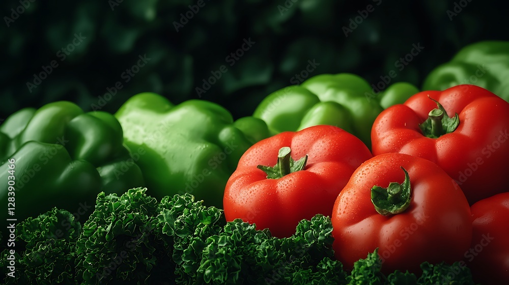 A vibrant arrangement of fresh red and green bell peppers on a bed of leafy greens, showcasing their rich colors and natural textures. A vibrant arrangement of fresh red and green bell peppers on a bed of leafy greens, showcasing their rich colors and natural textures.