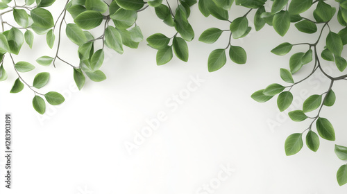 Branches with green leaves creating a border on a white background, ideal for nature-themed designs