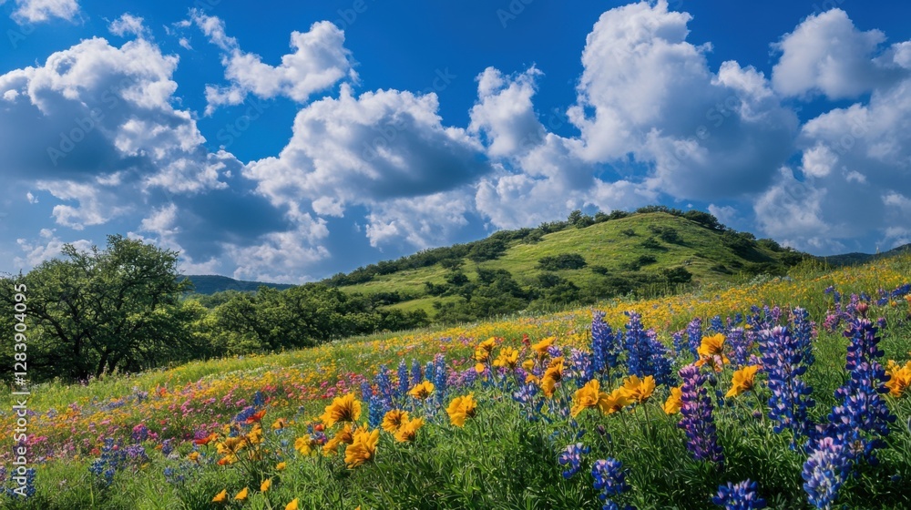 wildflower meadow landscape hilly terrain sunny day wildflower meadow landscape hilly terrain sunny day