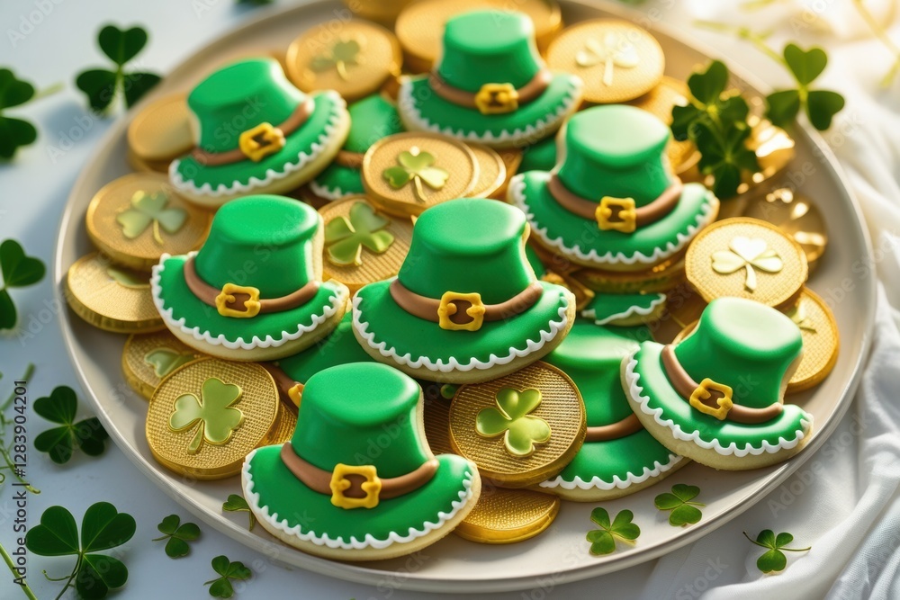 A dish of green hat cookies and golden coin sweets with shamrock sprigs. A dish of green hat cookies and golden coin sweets with shamrock sprigs.