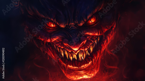 The terrifying grin of a creepy monster. a sinister creature with an evil smile. Demonic Smiling Portraits. Illustration
