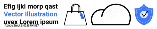 Shopping bag with tag, cloud icon, shield with checkmark representing online shopping, payment security, cloud storage, data encryption, trust, efficiency protection usability. Ideal