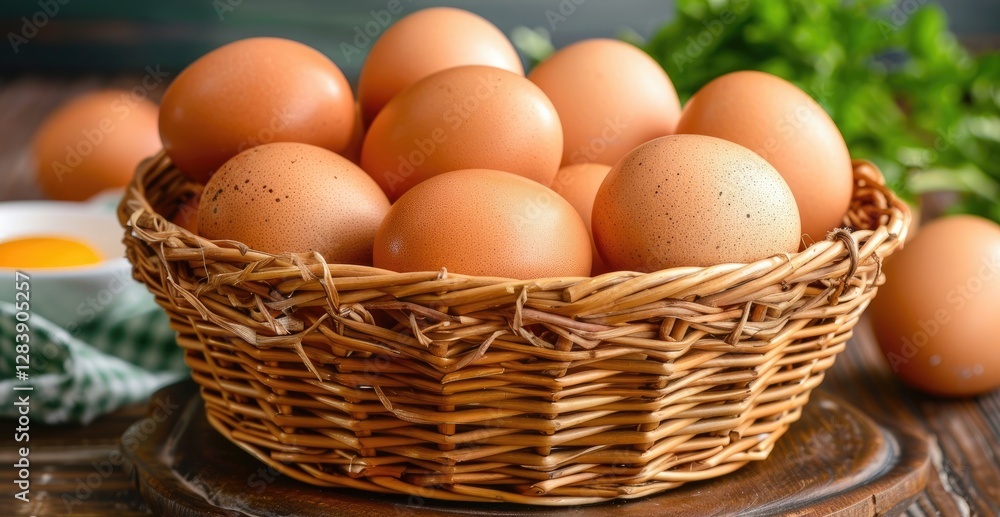A rustic basket filled with brown eggs, showcasing their natural texture against a warm background. A rustic basket filled with brown eggs, showcasing their natural texture against a warm background.