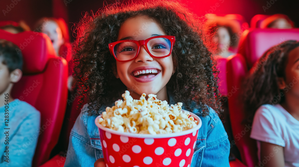 Excited young girl enjoys a movie in a theater with oversized popcorn bucket and stylish glasses Excited young girl enjoys a movie in a theater with oversized popcorn bucket and stylish glasses