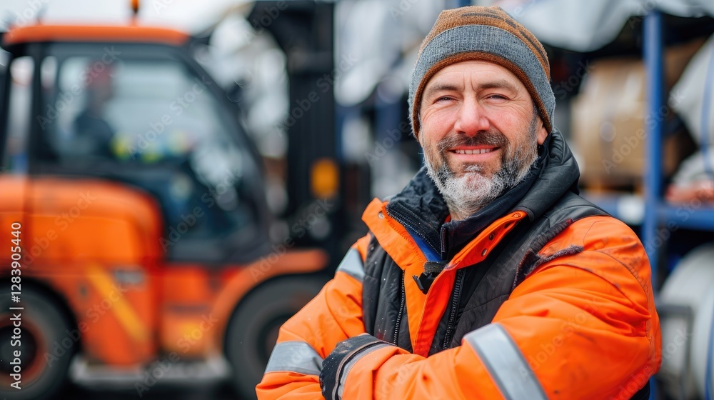 A smiling worker in an orange safety vest poses confidently in front of a forklift, showcasing a friendly and professional demeanor. A smiling worker in an orange safety vest poses confidently in front of a forklift, showcasing a friendly and professional demeanor.