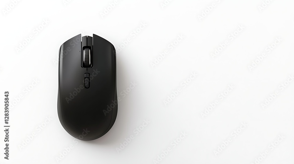 Sleek Black Wireless Computer Mouse on a Minimalist White Desk Surface for Modern Office Setup Sleek Black Wireless Computer Mouse on a Minimalist White Desk Surface for Modern Office Setup