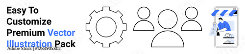 Gear symbol, three user icons, and online shopping graphic with storefront illustrate collaboration, customization, and e-commerce. Ideal for teamwork, online business, technology, and innovation