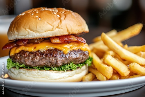 Juicy cheeseburger with crispy bacon served alongside golden fries at a casual diner