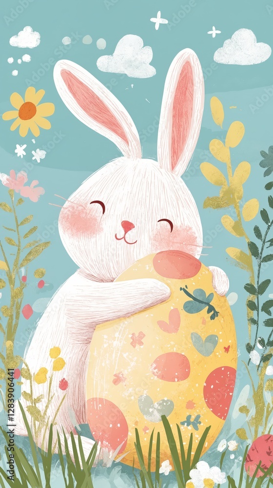 Un conejo tierno abraza un huevo de colores en un jardín lleno de flores y un cielo azul. Un conejo tierno abraza un huevo de colores en un jardín lleno de flores y un cielo azul.