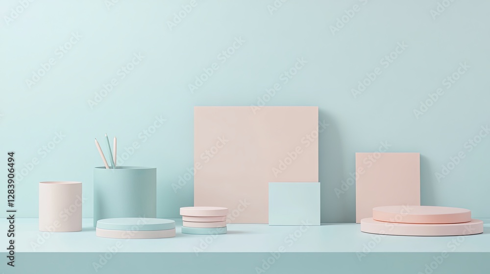 Pastel colored geometric shapes on a shelf, modern minimalist decor with soft hues, stylish abstract arrangement for contemporary interiors, aesthetic home accents, geometric design elements. Pastel colored geometric shapes on a shelf, modern minimalist decor with soft hues, stylish abstract arrangement for contemporary interiors, aesthetic home accents, geometric design elements.