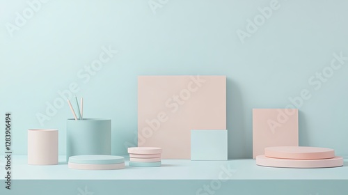 Wallpaper Mural Pastel colored geometric shapes on a shelf, modern minimalist decor with soft hues, stylish abstract arrangement for contemporary interiors, aesthetic home accents, geometric design elements. Torontodigital.ca