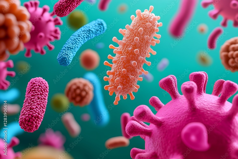 A vibrant microscopic view of various colorful bacteria and viruses, showcasing their diverse shapes and sizes in a science-themed background. A vibrant microscopic view of various colorful bacteria and viruses, showcasing their diverse shapes and sizes in a science-themed background.