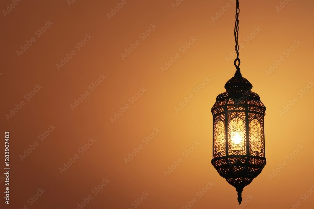 An ornate glowing lantern hangs against a warm gradient background An ornate glowing lantern hangs against a warm gradient background