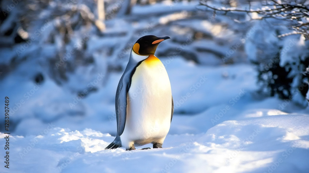 Fototapeta premium King penguin standing tall on snowy terrain, highlighting Antarctic wildlife against blurred white background with regal posture
