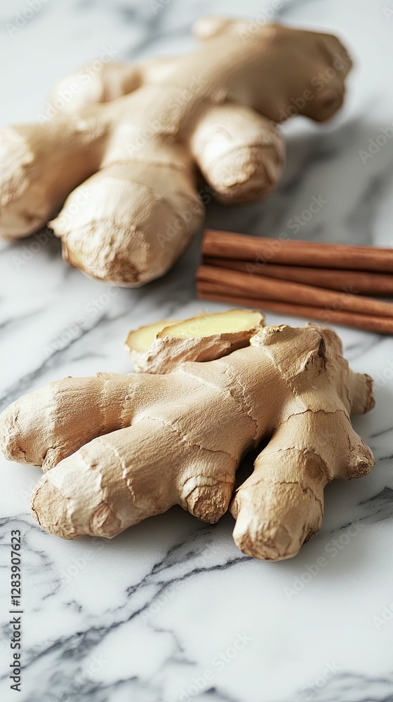 Fototapeta premium Fresh ginger root and cinnamon sticks on marble