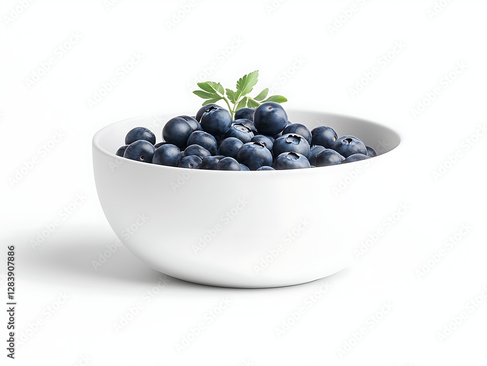Fresh Ripe Blueberries in a White Bowl with a Green Leaf Garnish on a Light Background Fresh Ripe Blueberries in a White Bowl with a Green Leaf Garnish on a Light Background