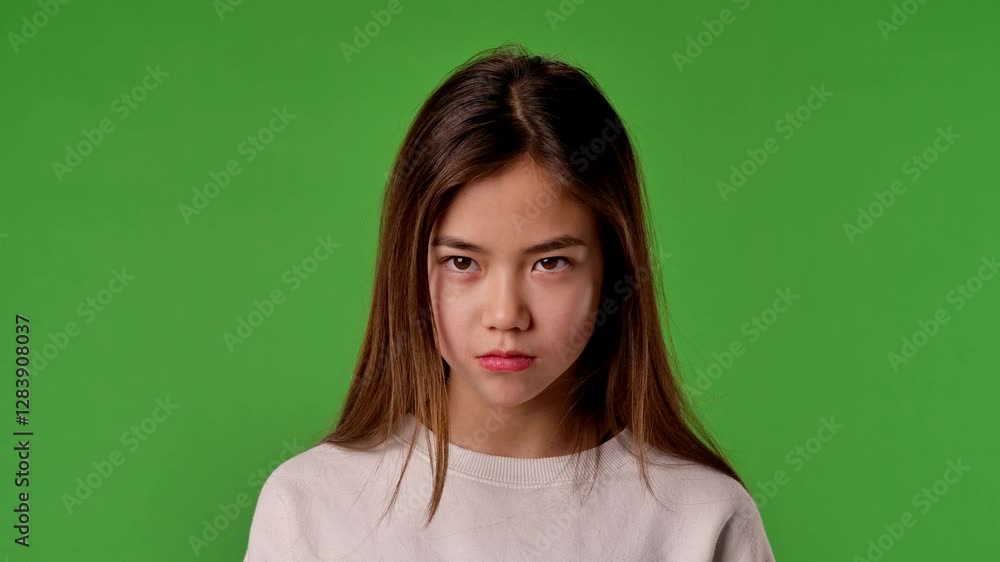 Asian girl child with sad angry face looks at camera, negative expression, isolated on chroma key green screen studio background mockup. Asian girl child with sad angry face looks at camera, negative expression, isolated on chroma key green screen studio background mockup.