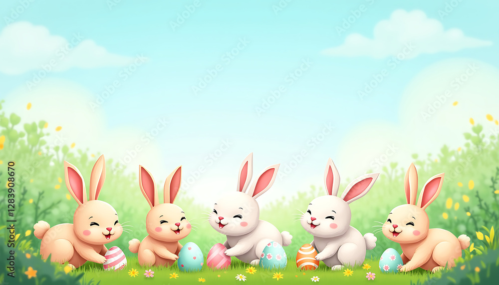 Cute Easter Bunnies Playing with Colorful Eggs in Spring Meadow Cute Easter Bunnies Playing with Colorful Eggs in Spring Meadow