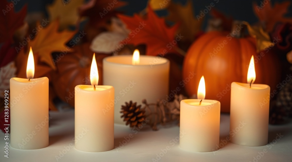 Autumn Candles with Pumpkins and Leaves – Warm Fall Decoration for Thanksgiving and Seasonal Decor Autumn Candles with Pumpkins and Leaves – Warm Fall Decoration for Thanksgiving and Seasonal Decor