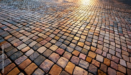 A pattern of textured stone paving slabs in a city street or courtyard, with natural variations in color and shape
