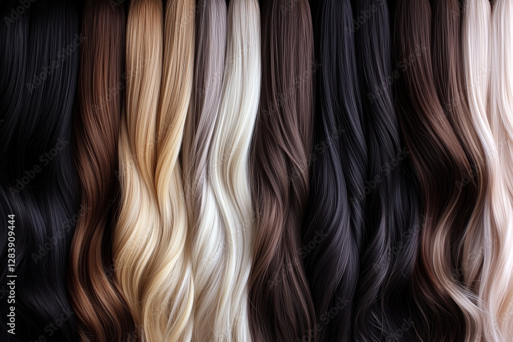 Naklejka premium A variety of hair color samples displayed in wavy strands, showcasing different shades and textures.