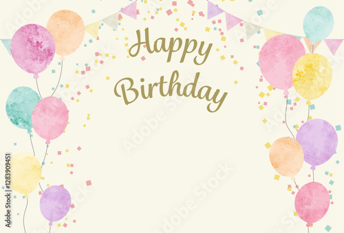 水彩のバースデーカード背景イラスト（風船・ガーランド・ベージュ）