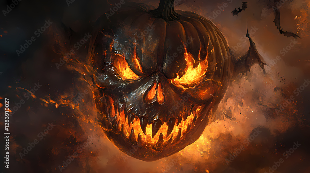 Fototapeta premium A spooky halloween portrait of a grinning skull mask emerging from a carved pumpkin. Demonic Smiling Portraits. Illustration