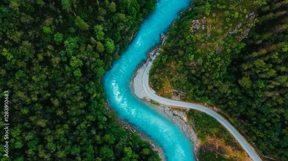 Serene Aerial View of Winding River Through Lush Green Forest Serene Aerial View of Winding River Through Lush Green Forest