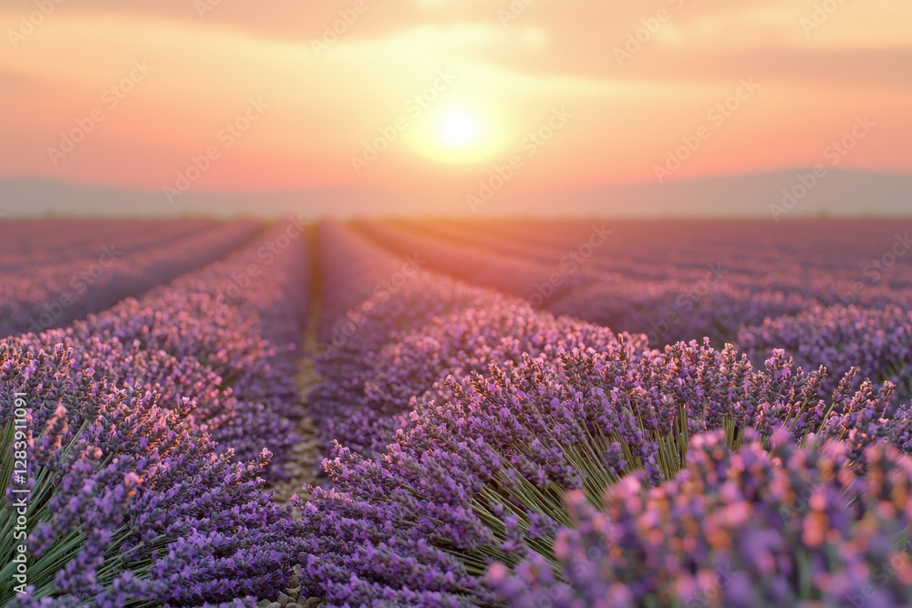 Obraz premium Captivating sunset over a lavender field in Provence, France, showcasing rows of vibrant purple flowers stretching towards the horizon under a warm, golden sky.