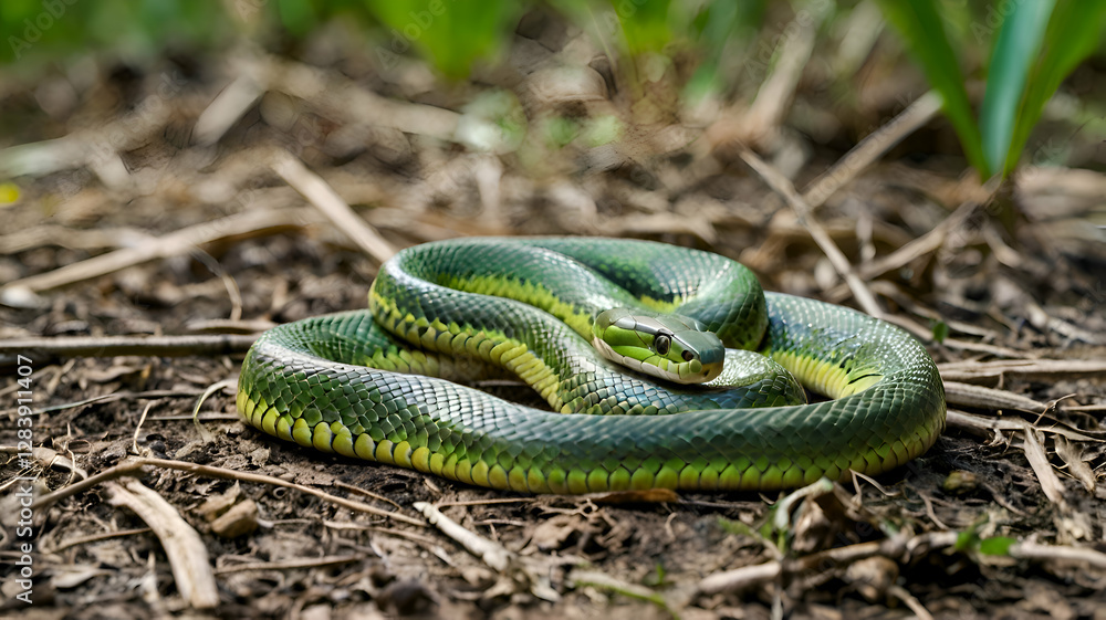 Obraz premium green snake ,close up of a green snake, snake in the grass, green snake on a tree, green snake in the grass