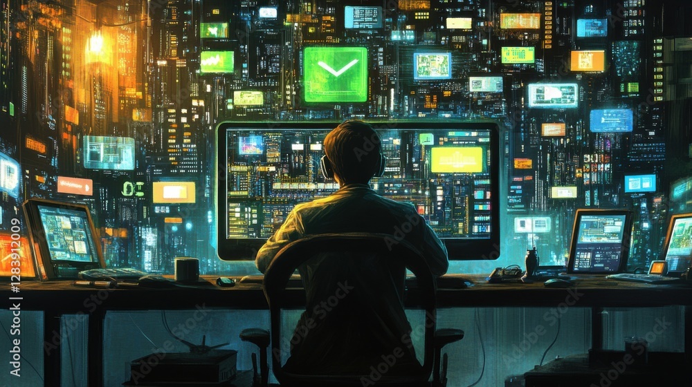 hacker at work in futuristic digital world hacker at work in futuristic digital world