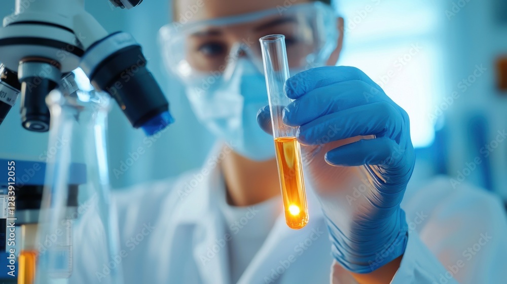 Close up of a scientist holding a test tube with a glowing liquid, laboratory experiment discovery futuristic research Close up of a scientist holding a test tube with a glowing liquid, laboratory experiment discovery futuristic research