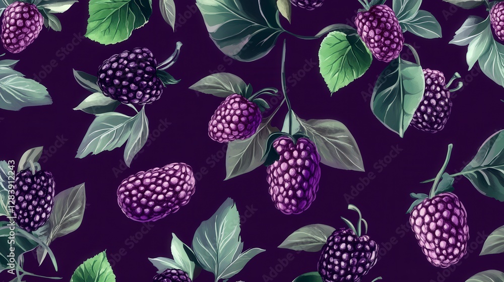 Dark Purple Blackberry Pattern with Elegant Leaves - A Seamless Design for Textiles, Wallpapers, and More Dark Purple Blackberry Pattern with Elegant Leaves - A Seamless Design for Textiles, Wallpapers, and More