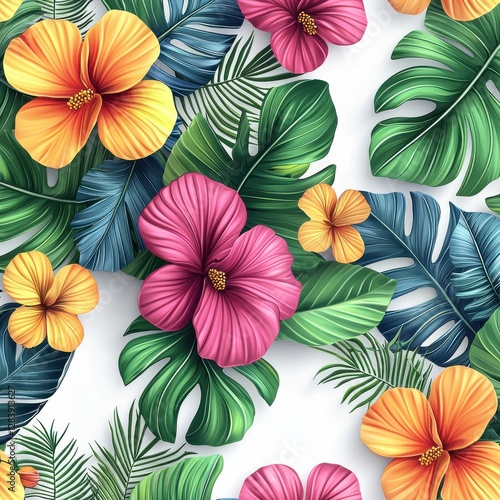 Wallpaper Mural Lush tropical pattern featuring vibrant hibiscus flowers and diverse palm leaves, bringing an exotic summer vibe to any design with vivid colors. Torontodigital.ca