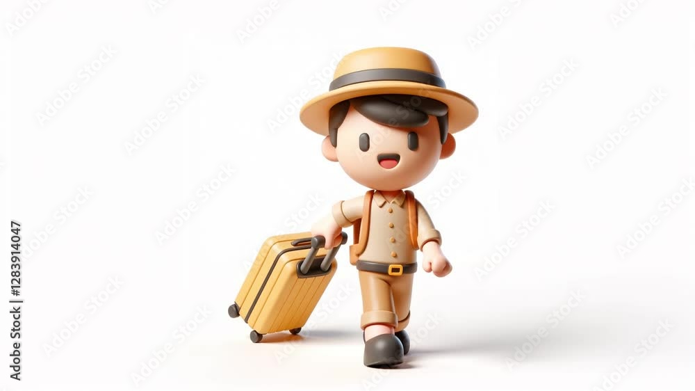 A cartoon character is walking with a suitcase and a backpack. The character is smiling and he is happy A cartoon character is walking with a suitcase and a backpack. The character is smiling and he is happy