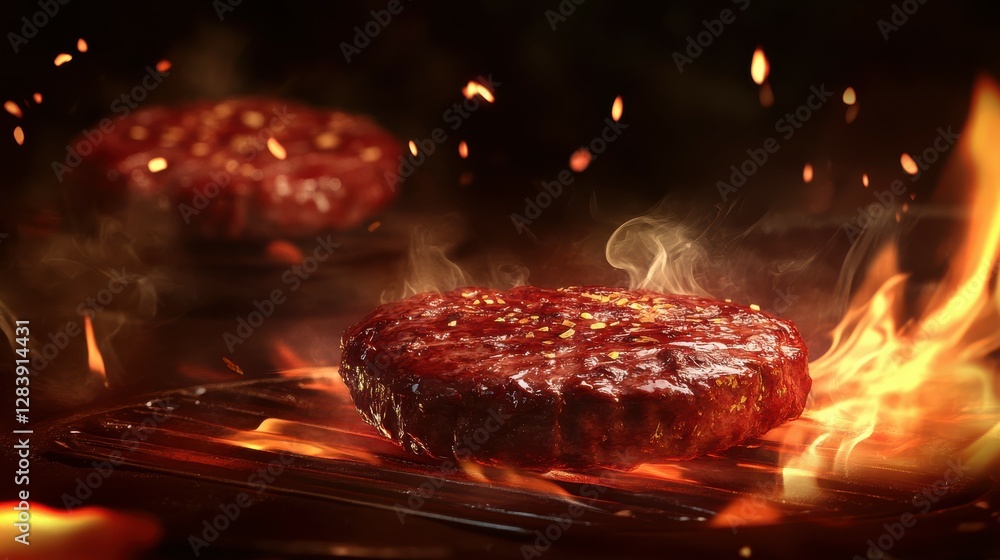 Juicy beef burger with spices grilling over open flame Juicy beef burger with spices grilling over open flame