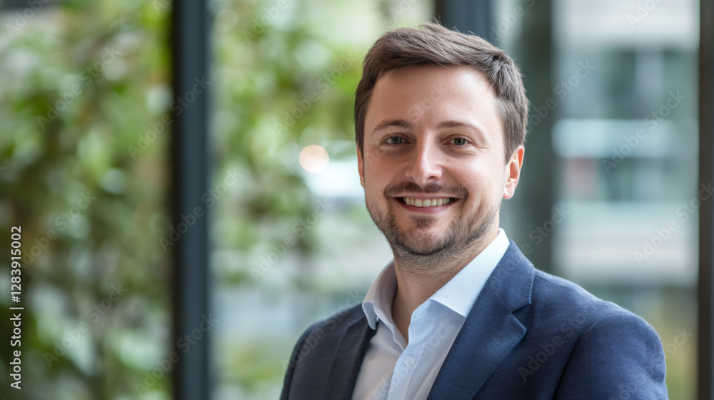 Confident businessman smiling, standing near green plants in sleek workspace with contemporary architectural details Confident businessman smiling, standing near green plants in sleek workspace with contemporary architectural details