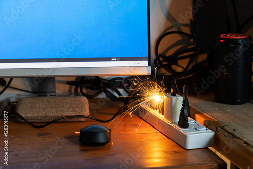 electric plug sparks Caused by short circuit The concept of danger, the use of non-standard equipment worn-out equipment