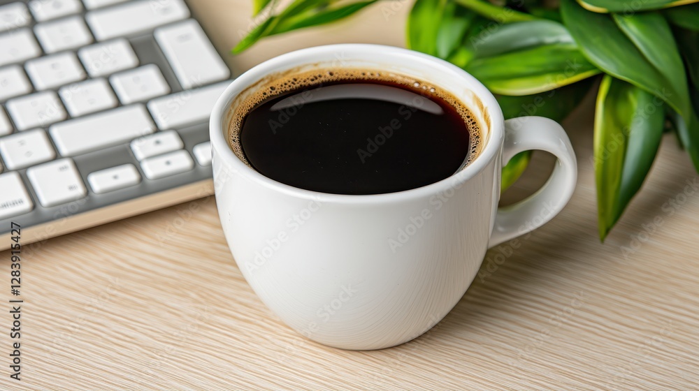 Freshly Brewed Black Coffee in White Mug Next to Keyboard and Plant Freshly Brewed Black Coffee in White Mug Next to Keyboard and Plant