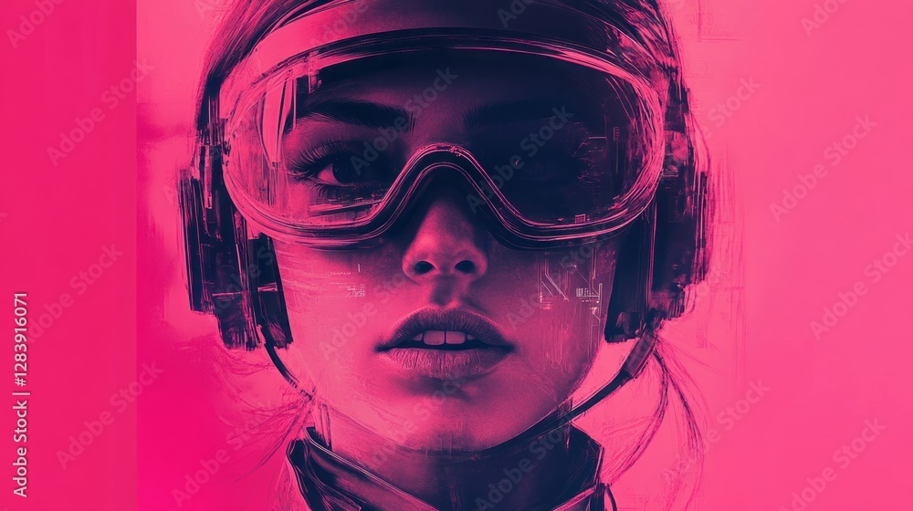 A woman with goggles and headphones immersed in pink light A woman with goggles and headphones immersed in pink light