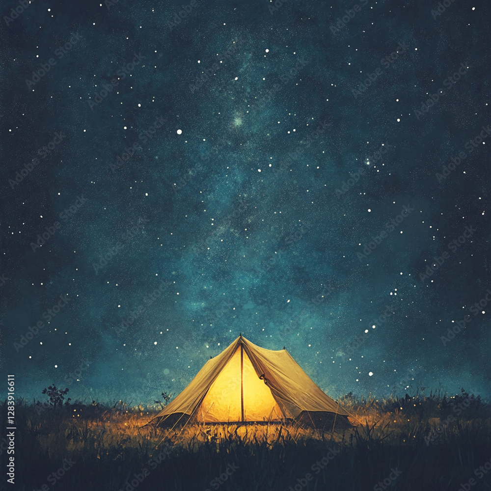A camping scene with a glowing tent under a starry sky A camping scene with a glowing tent under a starry sky